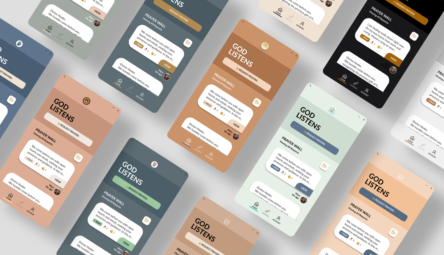 A series of screenshots showing different screens from the God Listens mobile app