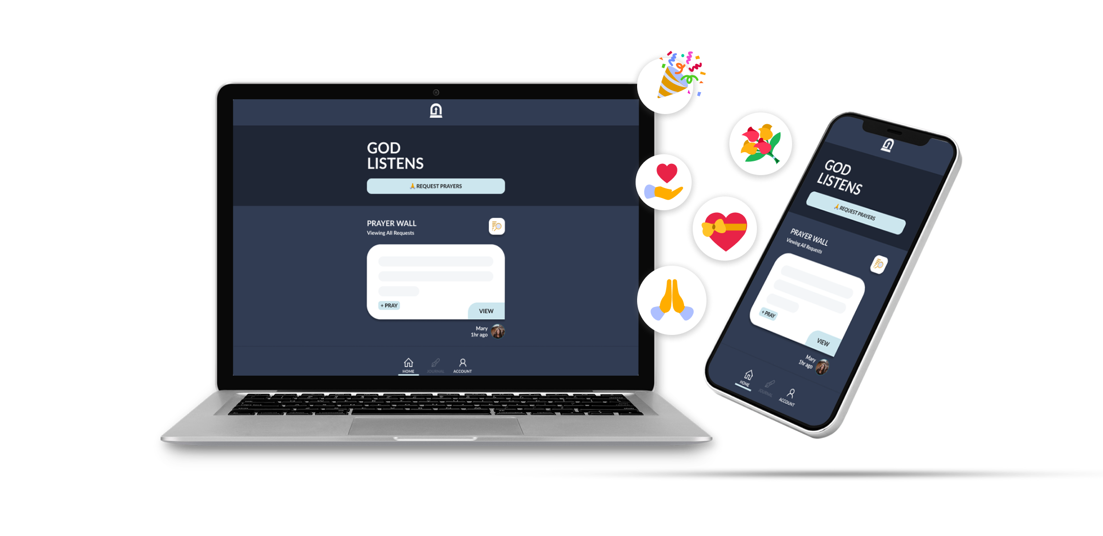 A laptop and mobile phone showing the God Listens app
