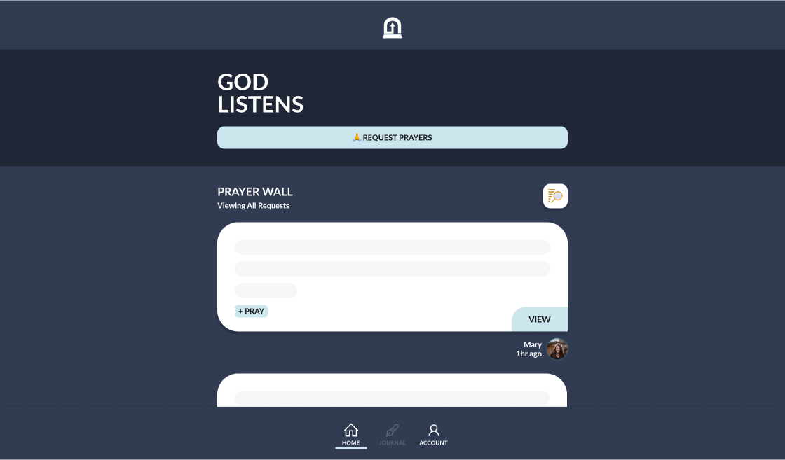 Screenshot of the God Listens web app showing the prayer wall and a Request Prayers button.