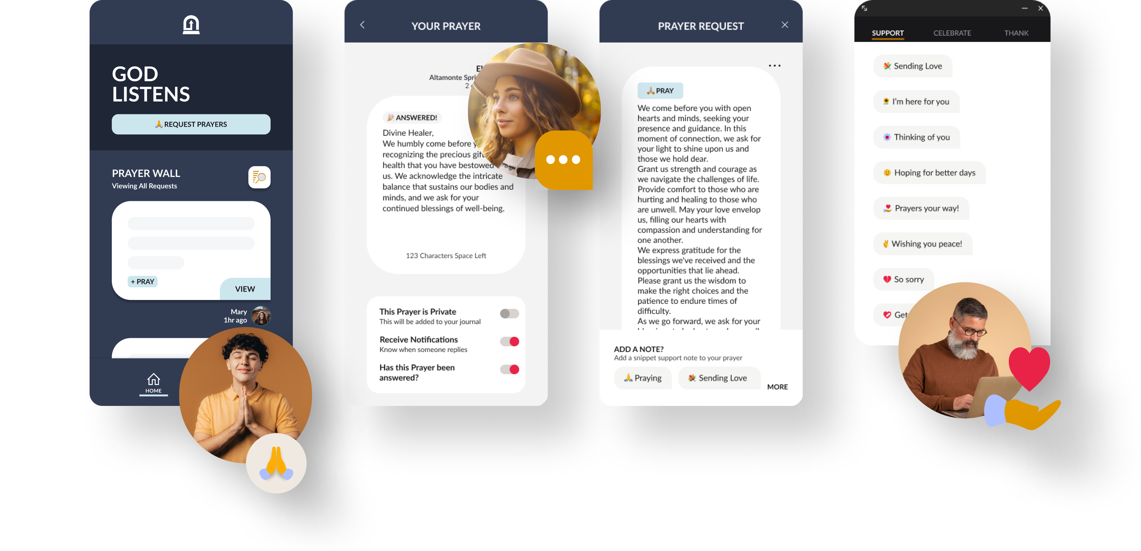 A series of screenshots showing the God Listens mobile app. The prayer wall and individual prayer requests.