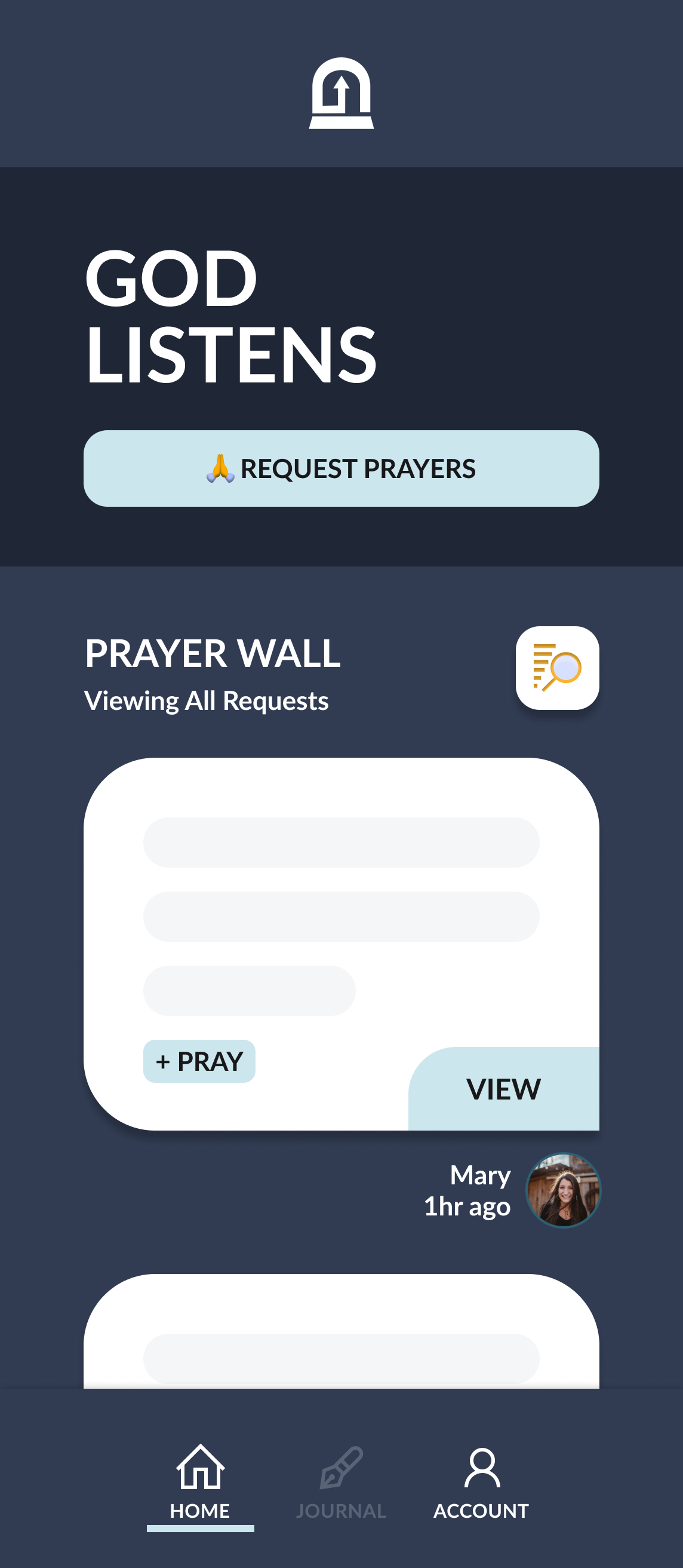 Screenshot of the God Listens mobile app showing the prayer wall and a Request Prayers button.