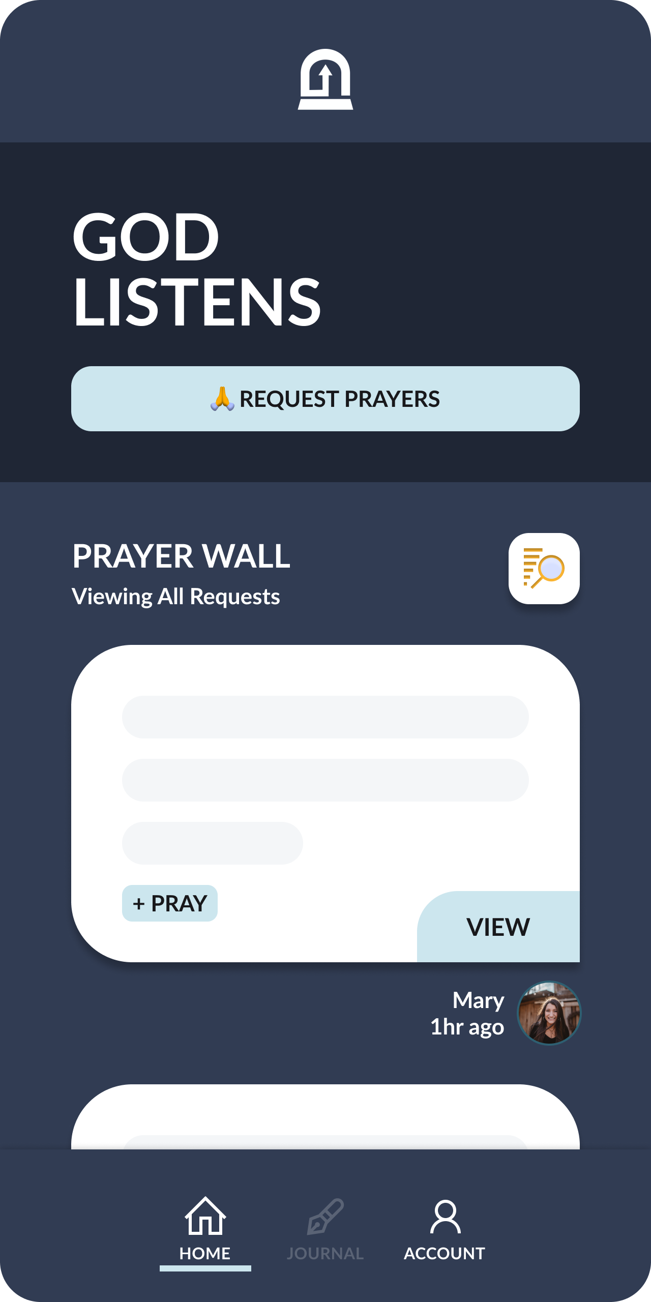 Screenshot of the God Listens mobile app showing the prayer wall and a Request Prayers button.